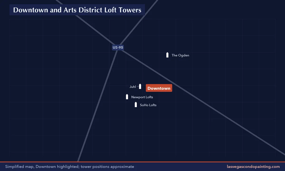 Simplified map of the Downtown tower district with nearby districts