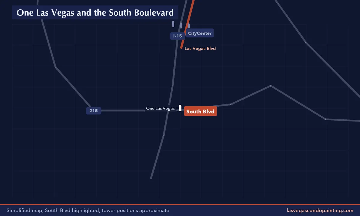 Simplified map of the South Blvd tower district with nearby districts