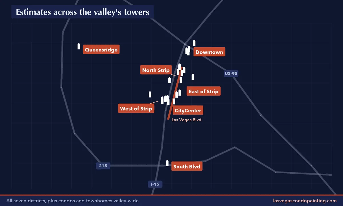 Map of the Las Vegas valley with seven condo tower districts marked