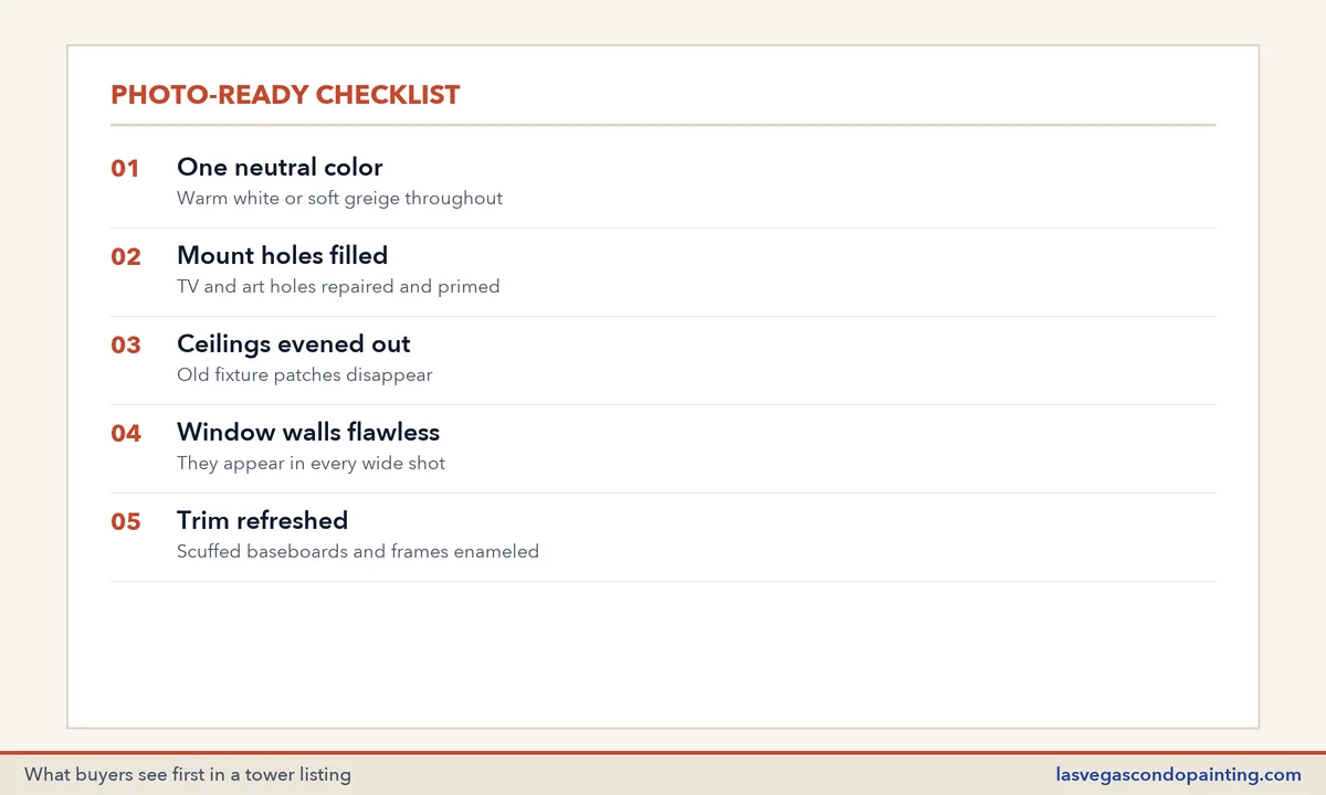 Checklist board of five items that make a tower condo ready for listing photos