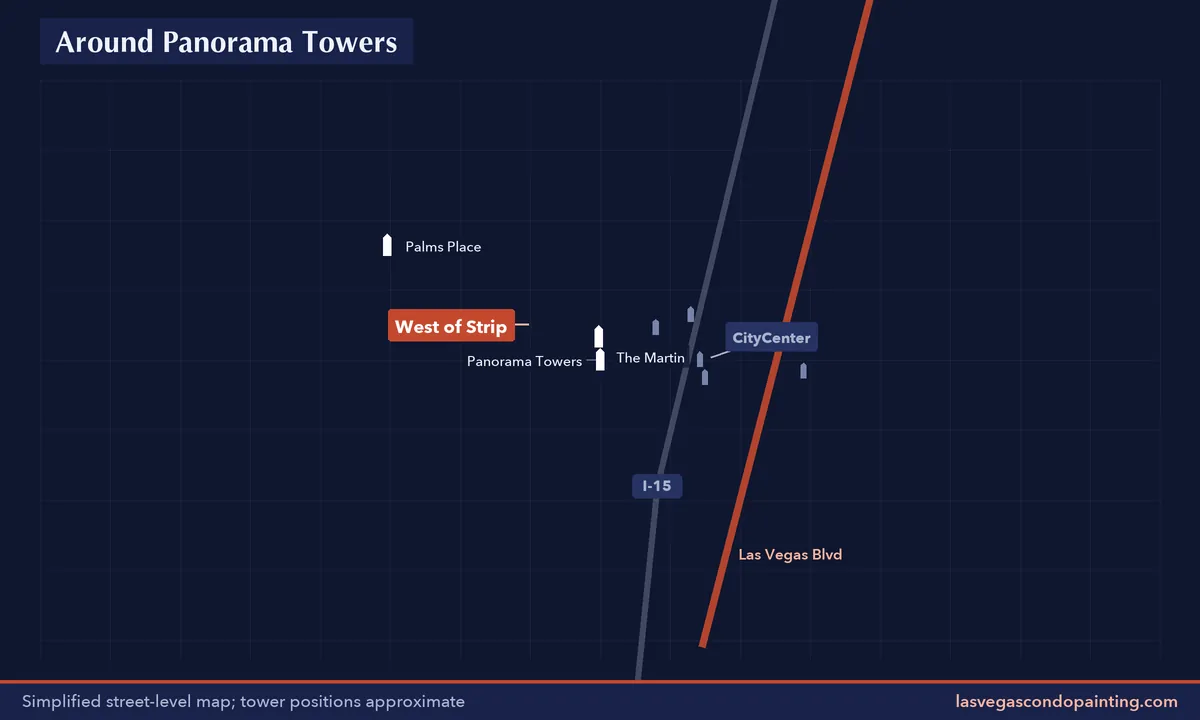 Simplified map of the streets around Panorama Towers with nearby condo towers labeled