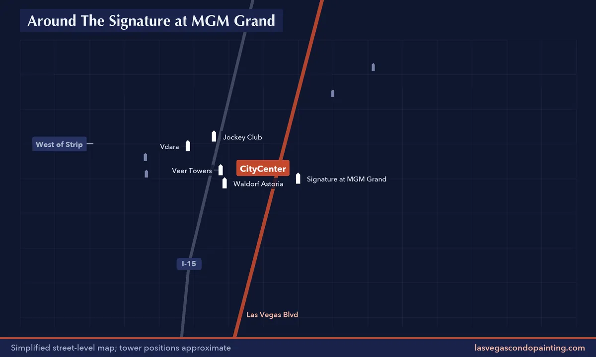 Simplified map of the streets around The Signature at MGM Grand with nearby condo towers labeled