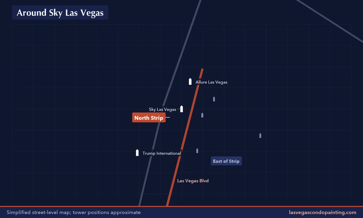 Simplified map of the streets around Sky Las Vegas with nearby condo towers labeled