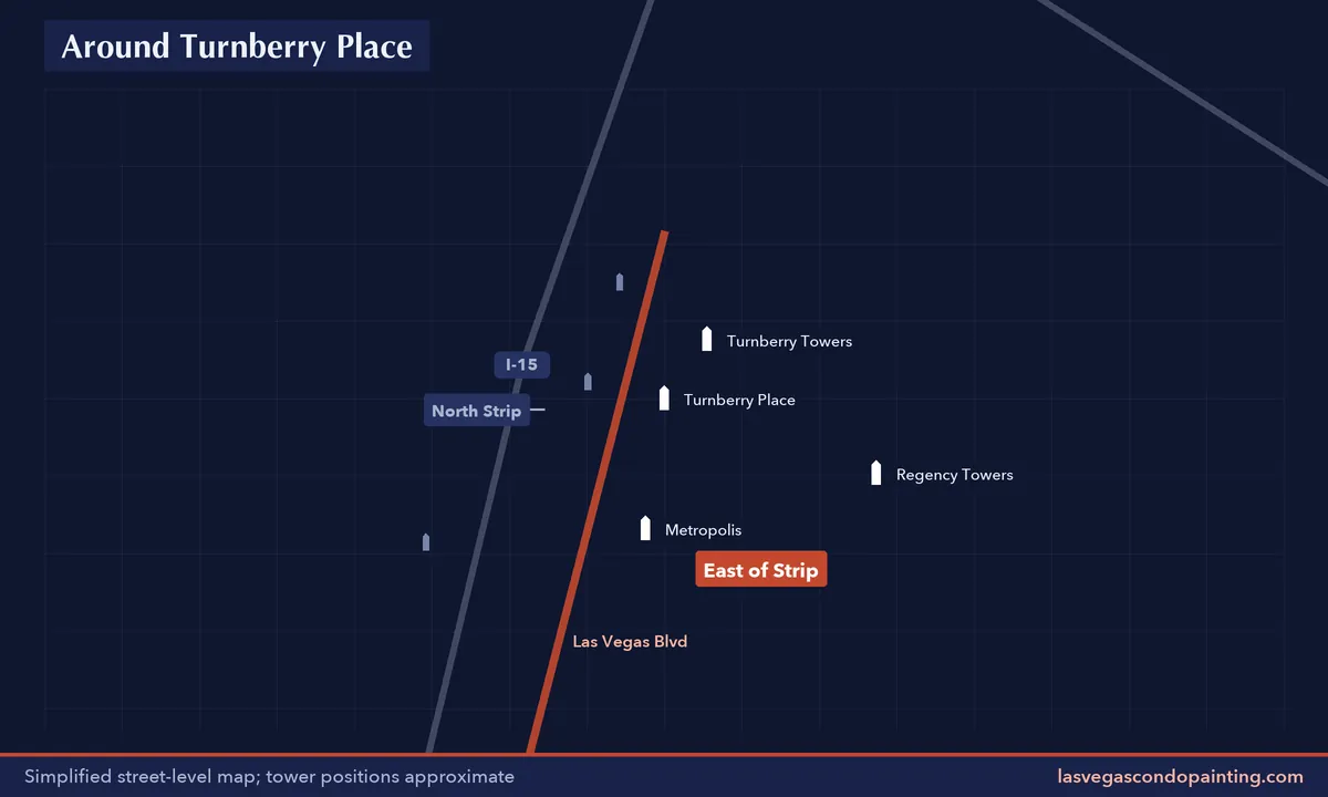 Simplified map of the streets around Turnberry Place with nearby condo towers labeled