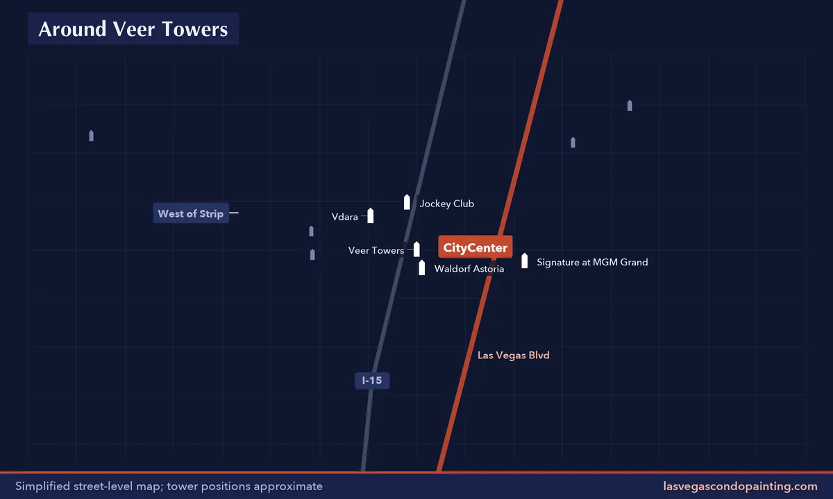 Simplified map of the streets around Veer Towers with nearby condo towers labeled