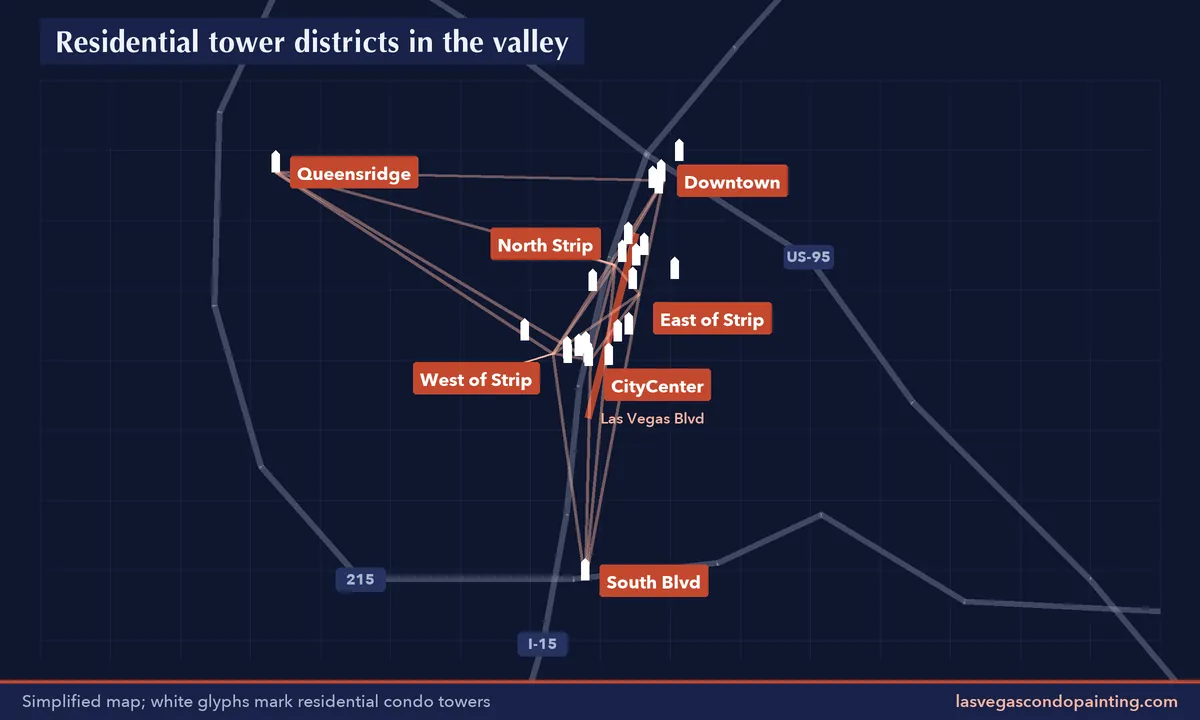 Simplified map of the Las Vegas valley showing seven residential condo tower districts linked to their neighbors